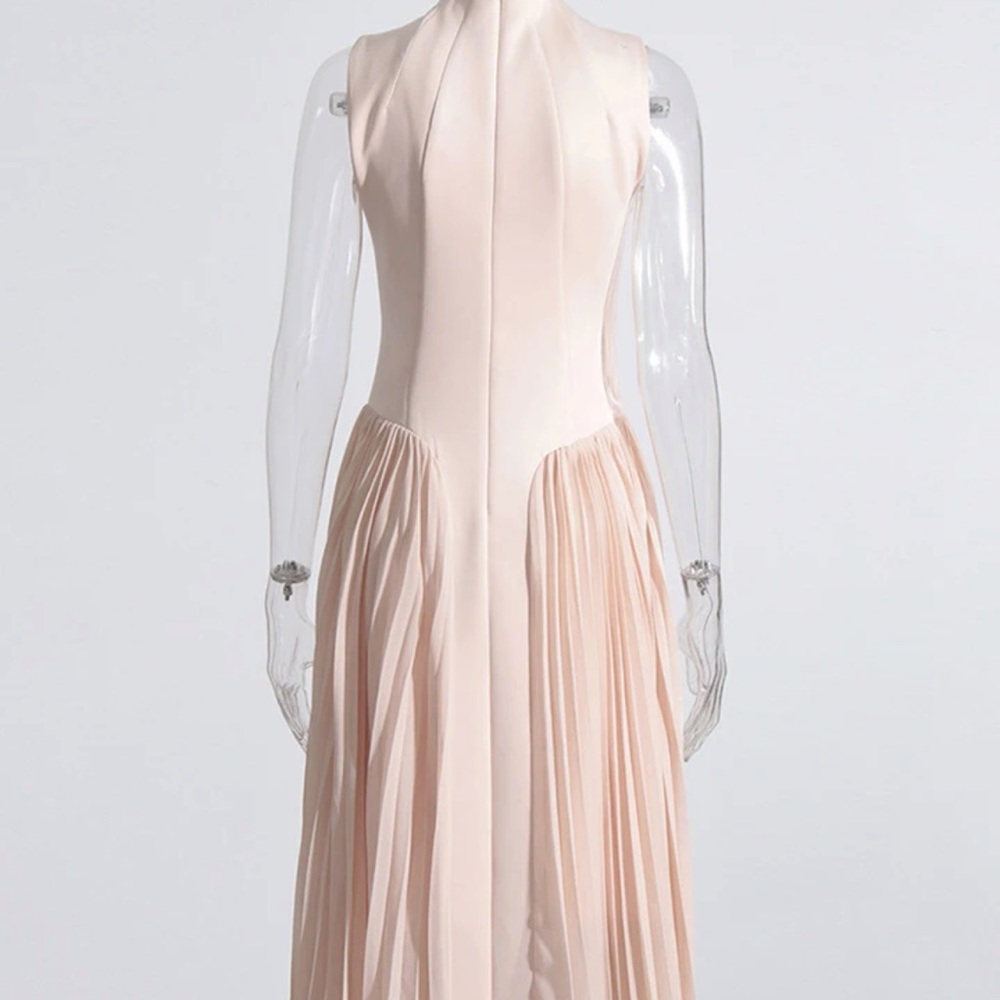 Elegant designer nude mock neck bodysuit pleated skirt blush dress small - Picture 6 of 13